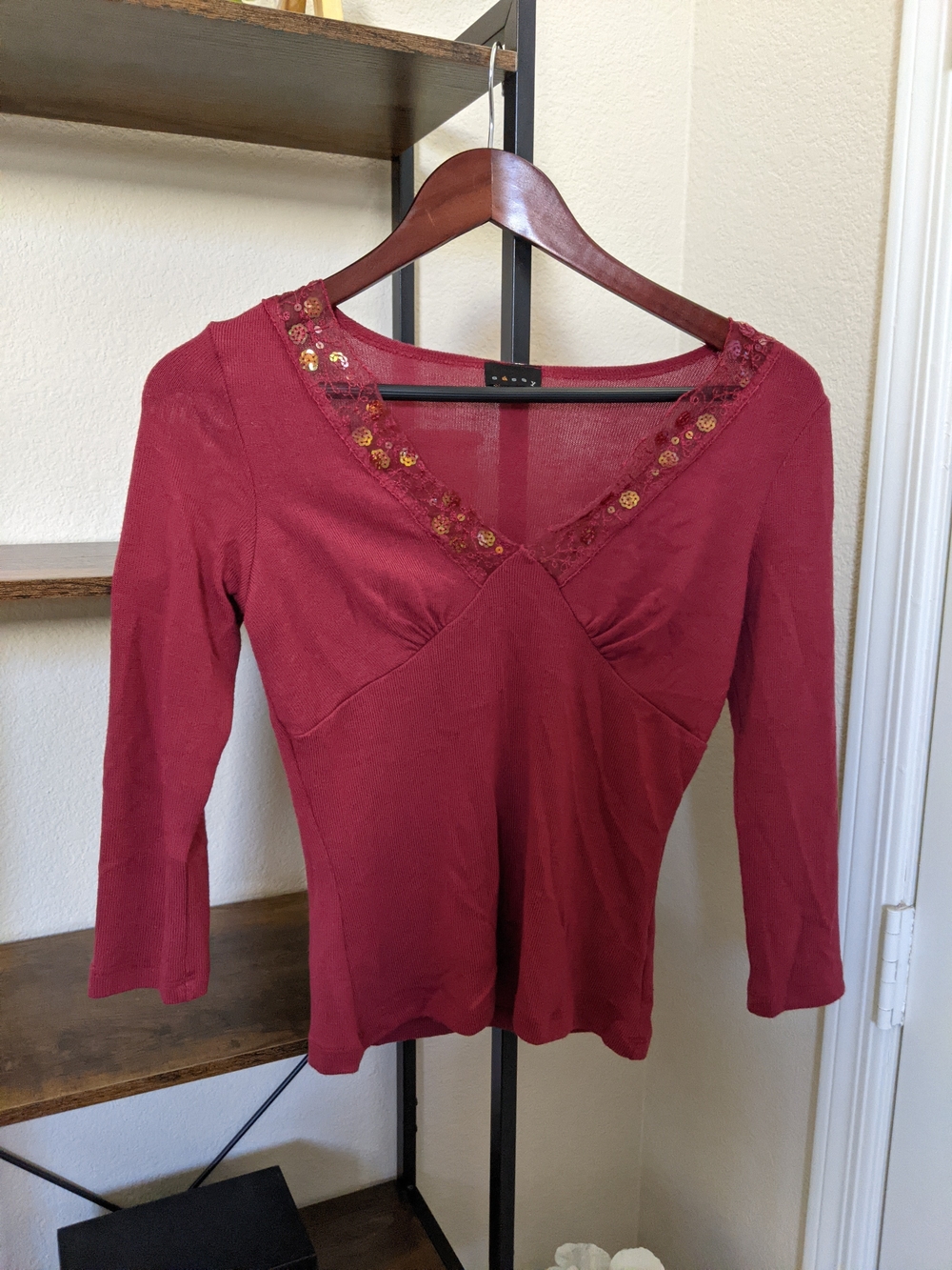 Sassy Deep Red Knit Top Super Deep V-Neck Sequin Embellished 3/4 Sleeve XS